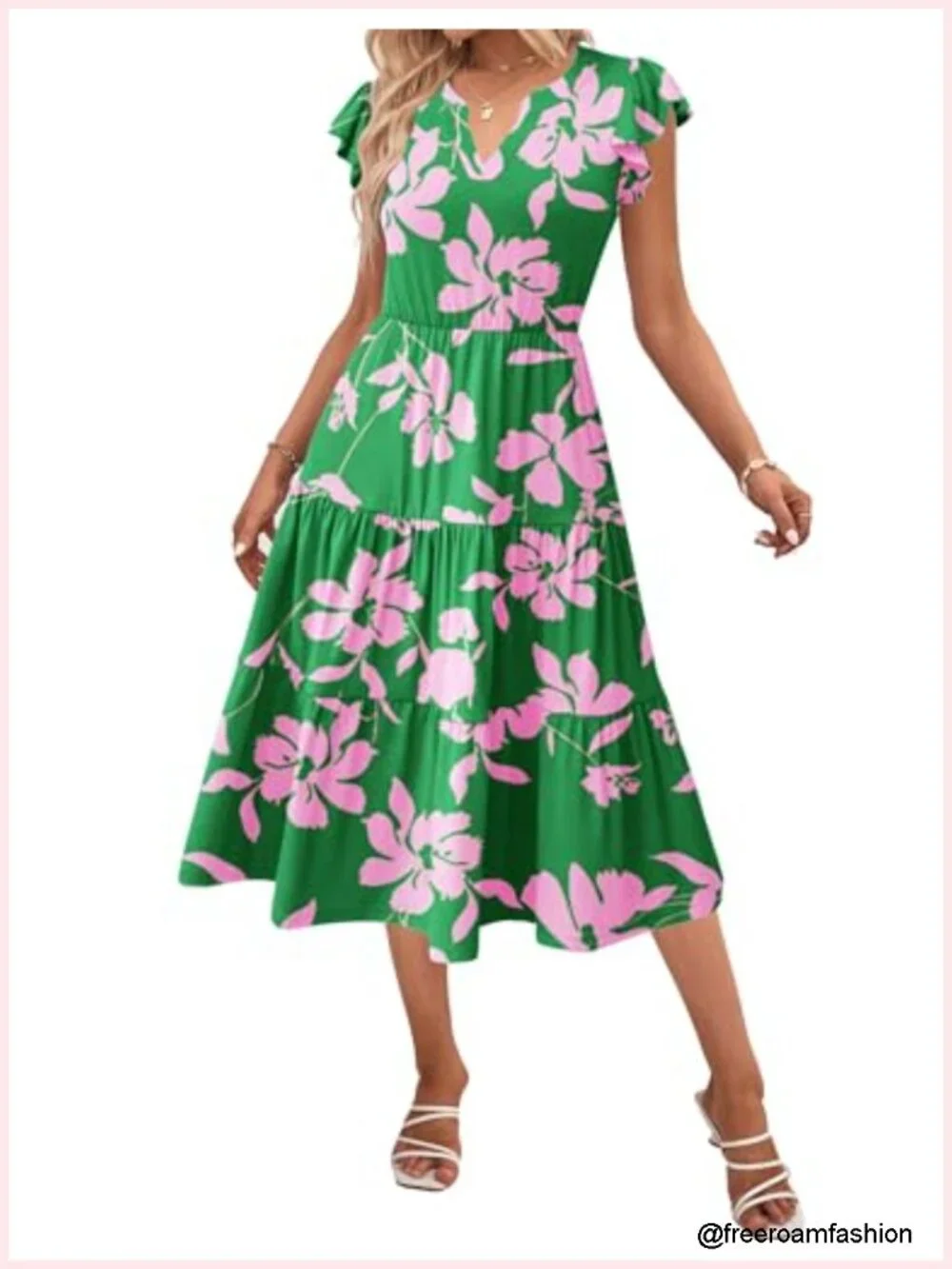 Flowy Midi Dress with Pockets Ruffle Sleeve Boho Sundress